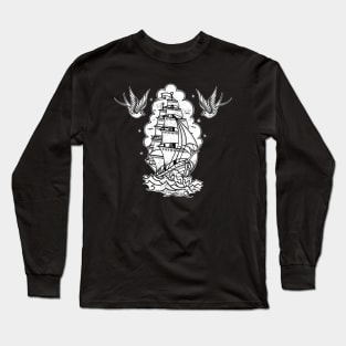 Distressed Traditional Tattoo Sailing Ship and Swallows Long Sleeve T-Shirt